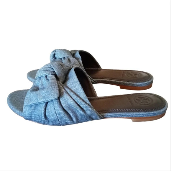 Tory Burch Annabelle Blue Denim Chambray Bow Detail Slide Sandals Size 5.5 New - Picture 6 of 9